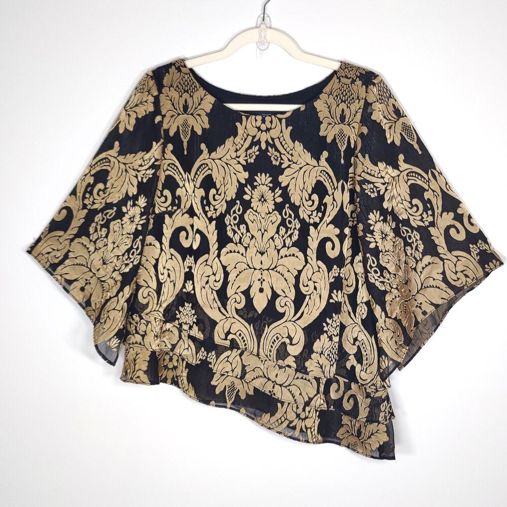 Alex Evenings Asymmetrical‎ Blouse Damask Print Black Gold M